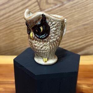 Vintage Ceramic Sleepy Owl Mini Pitcher Toothpick Holder Creamer MCM 3D Handmade
